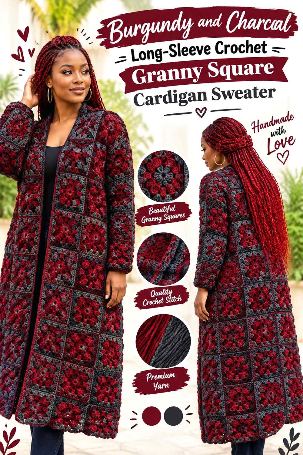 4. Burgundy And Charcoal Long Sleeve Crochet Granny Square Cardigan Sweater
