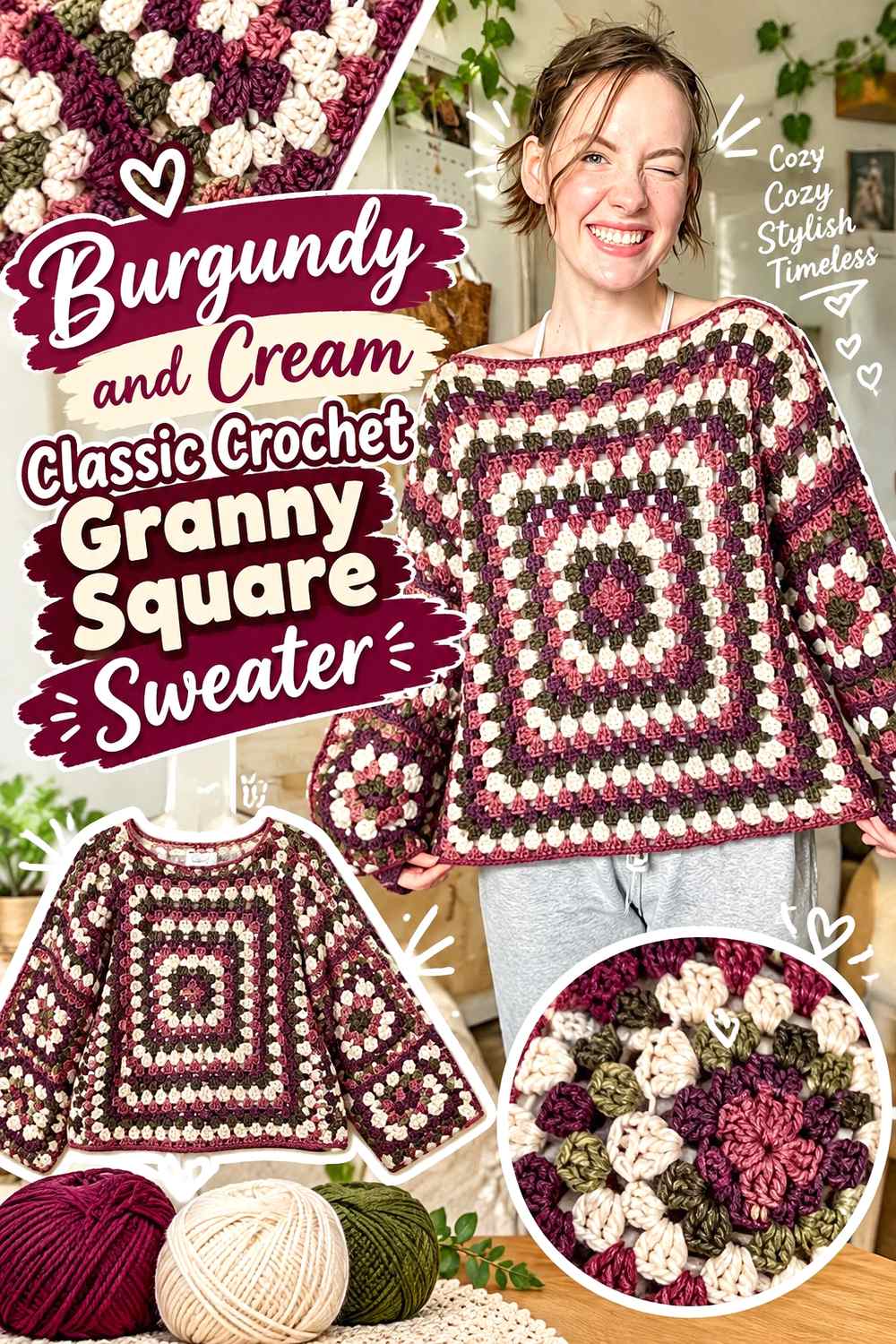 1. Burgundy And Cream Classic Crochet Granny Square Sweater