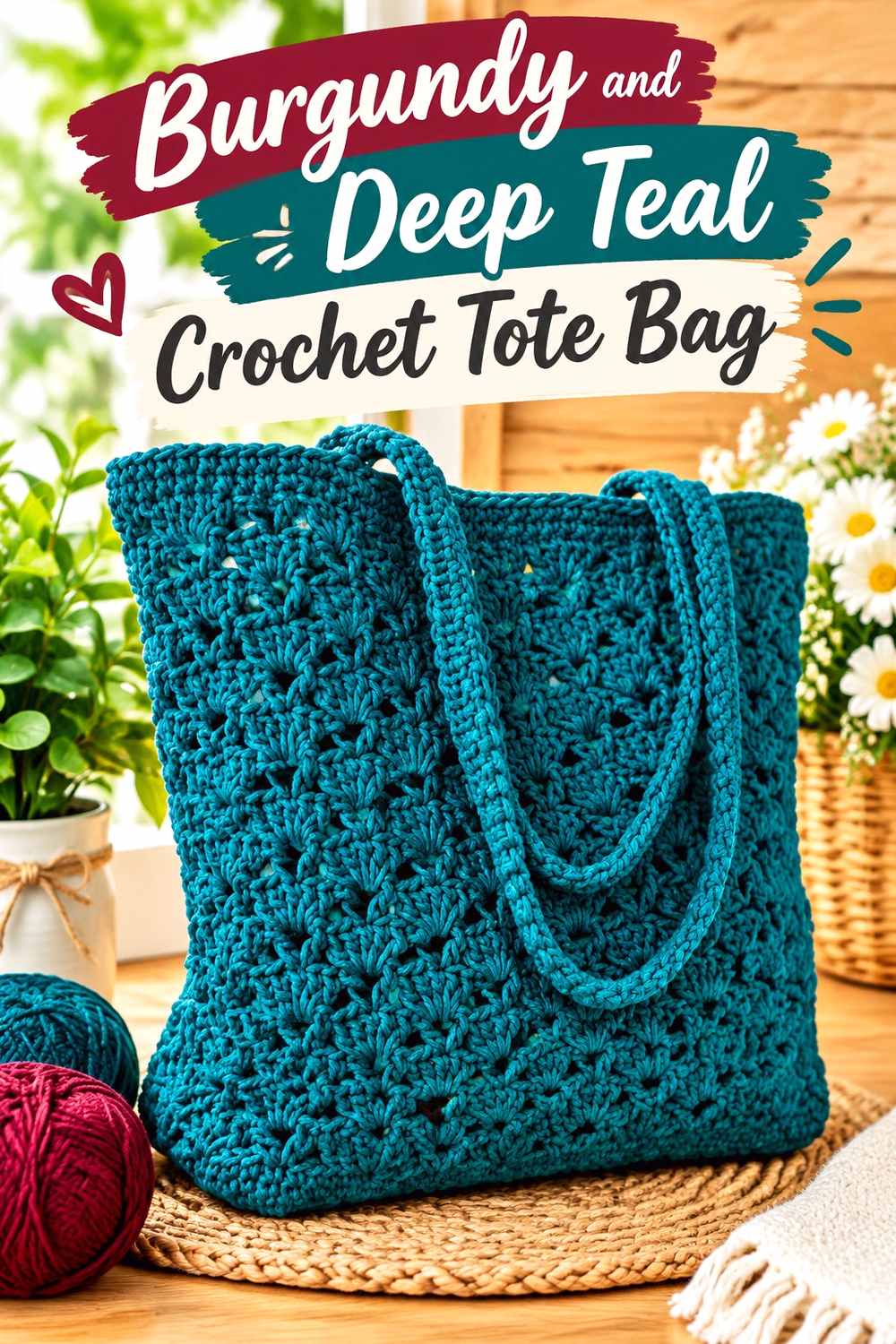 2. Burgundy And Deep Teal Crochet Tote Bag