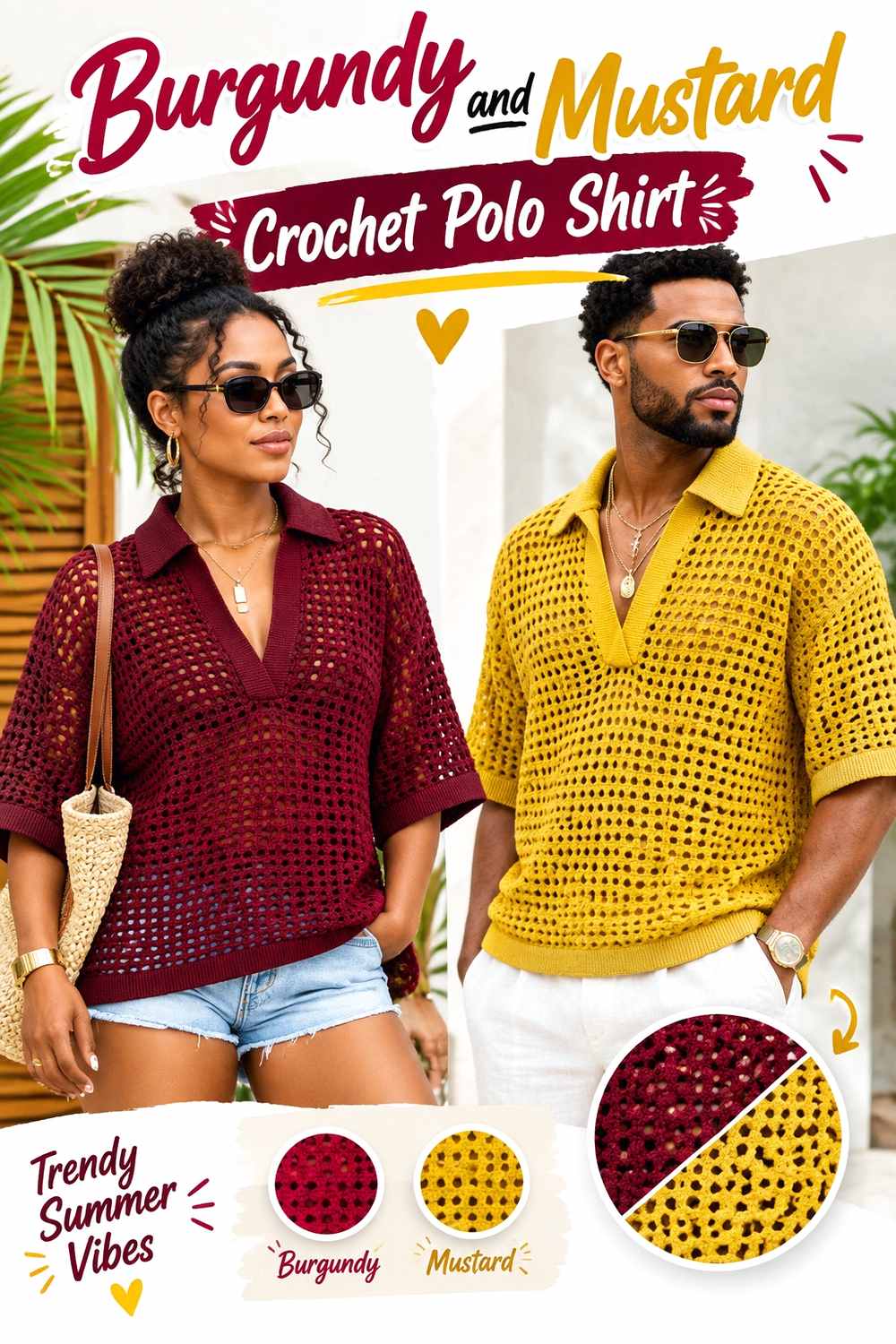 7. Burgundy And Mustard Crochet Polo Shirt
