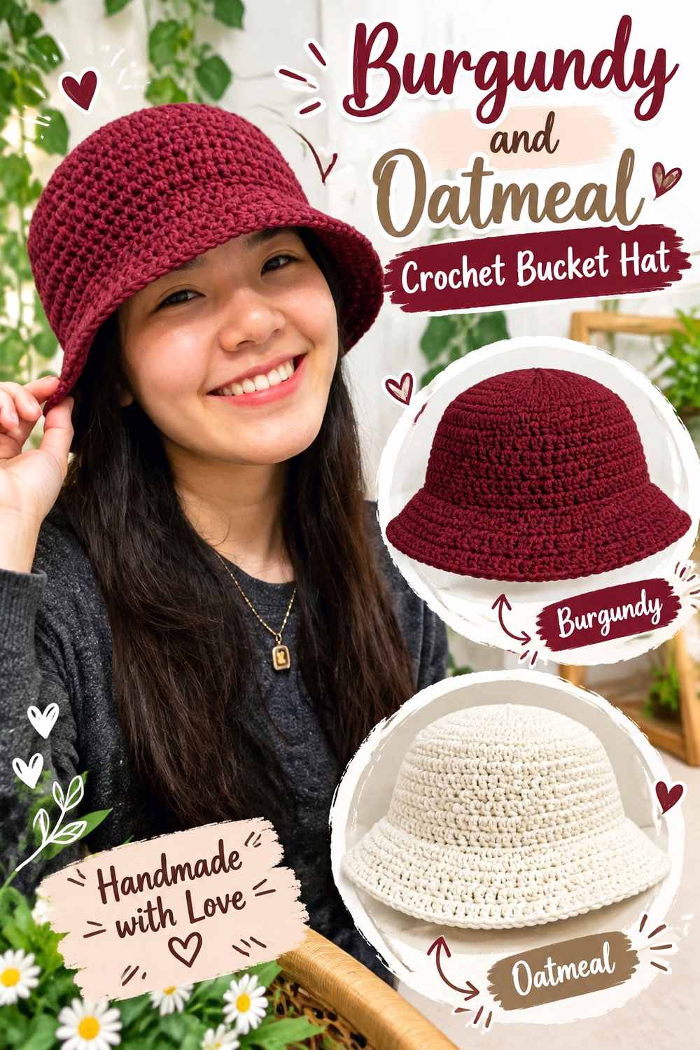 3. Burgundy And Oatmeal Crochet Bucket Hat