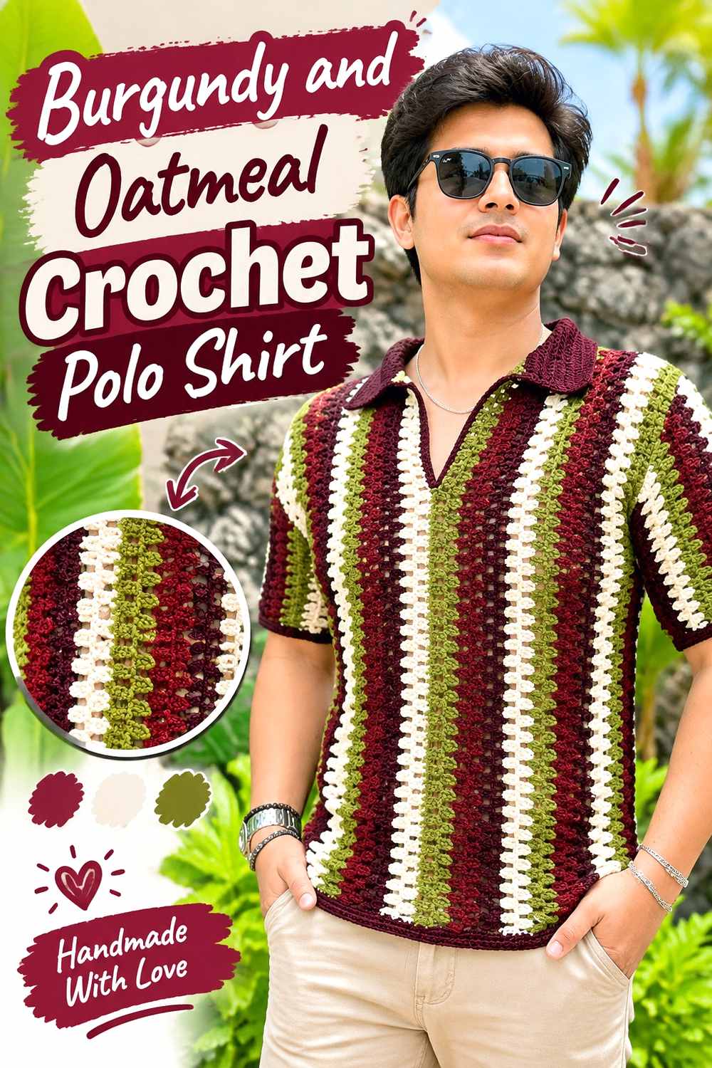 9. Burgundy And Oatmeal Crochet Polo Shirt