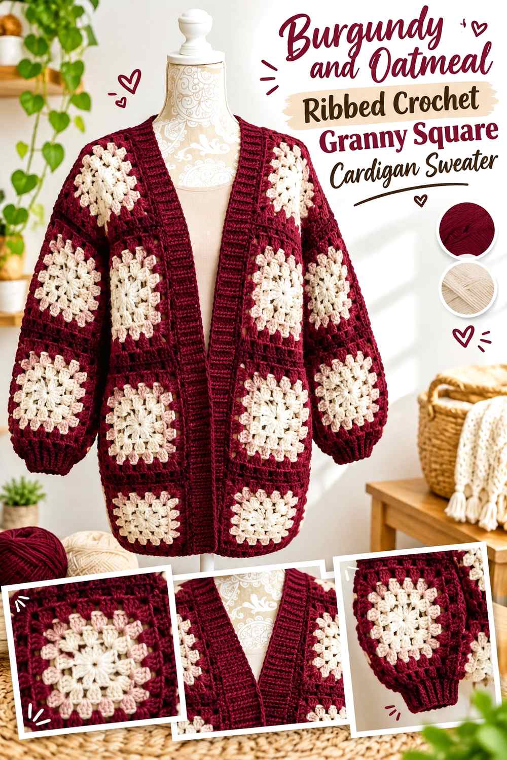 6. Burgundy And Oatmeal Ribbed Crochet Granny Square Cardigan Sweater