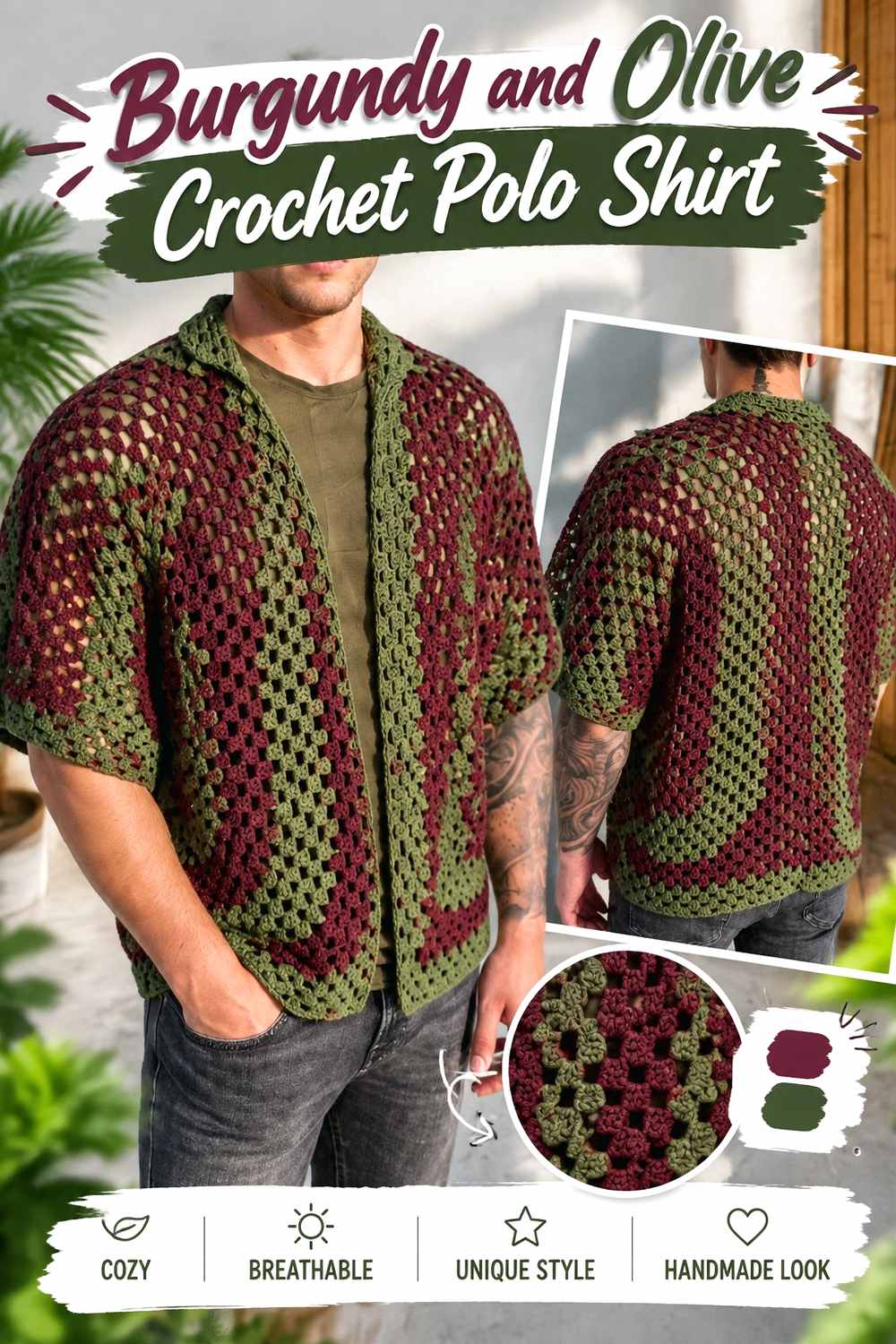 15. Burgundy And Olive Crochet Polo Shirt