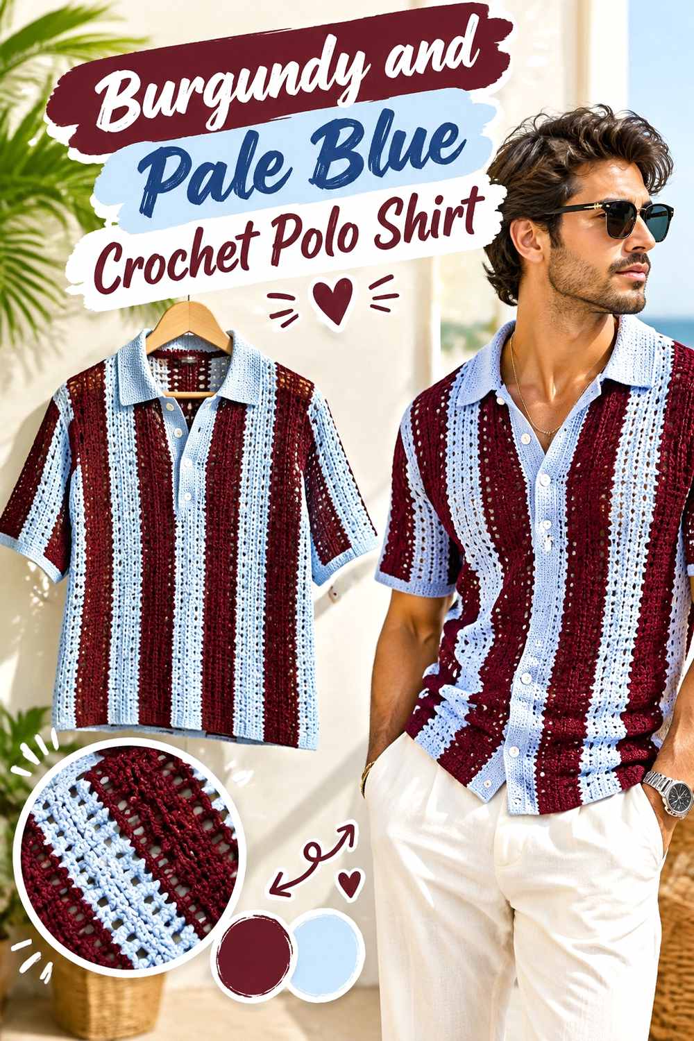 16. Burgundy And Pale Blue Crochet Polo Shirt