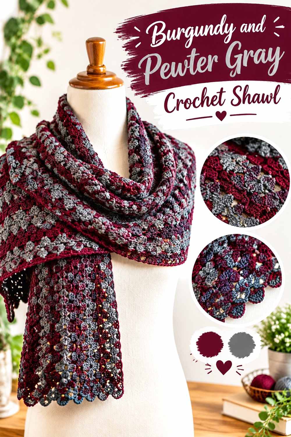 13. Burgundy And Pewter Gray Crochet Shawl