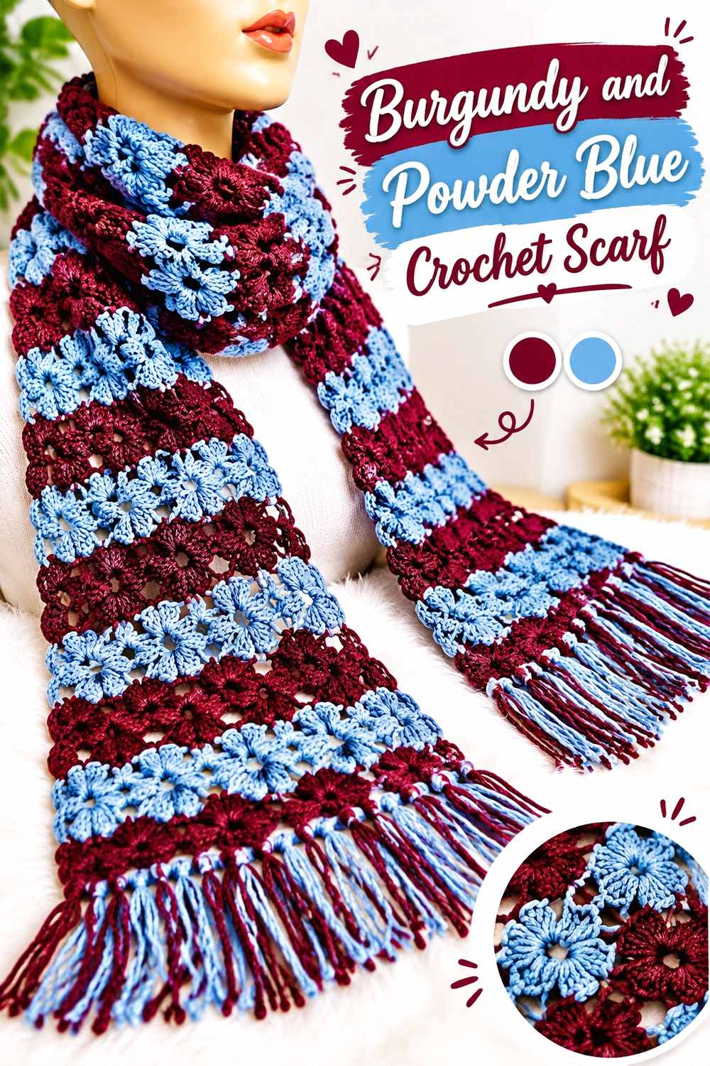 6. Burgundy And Powder Blue Crochet Scarf