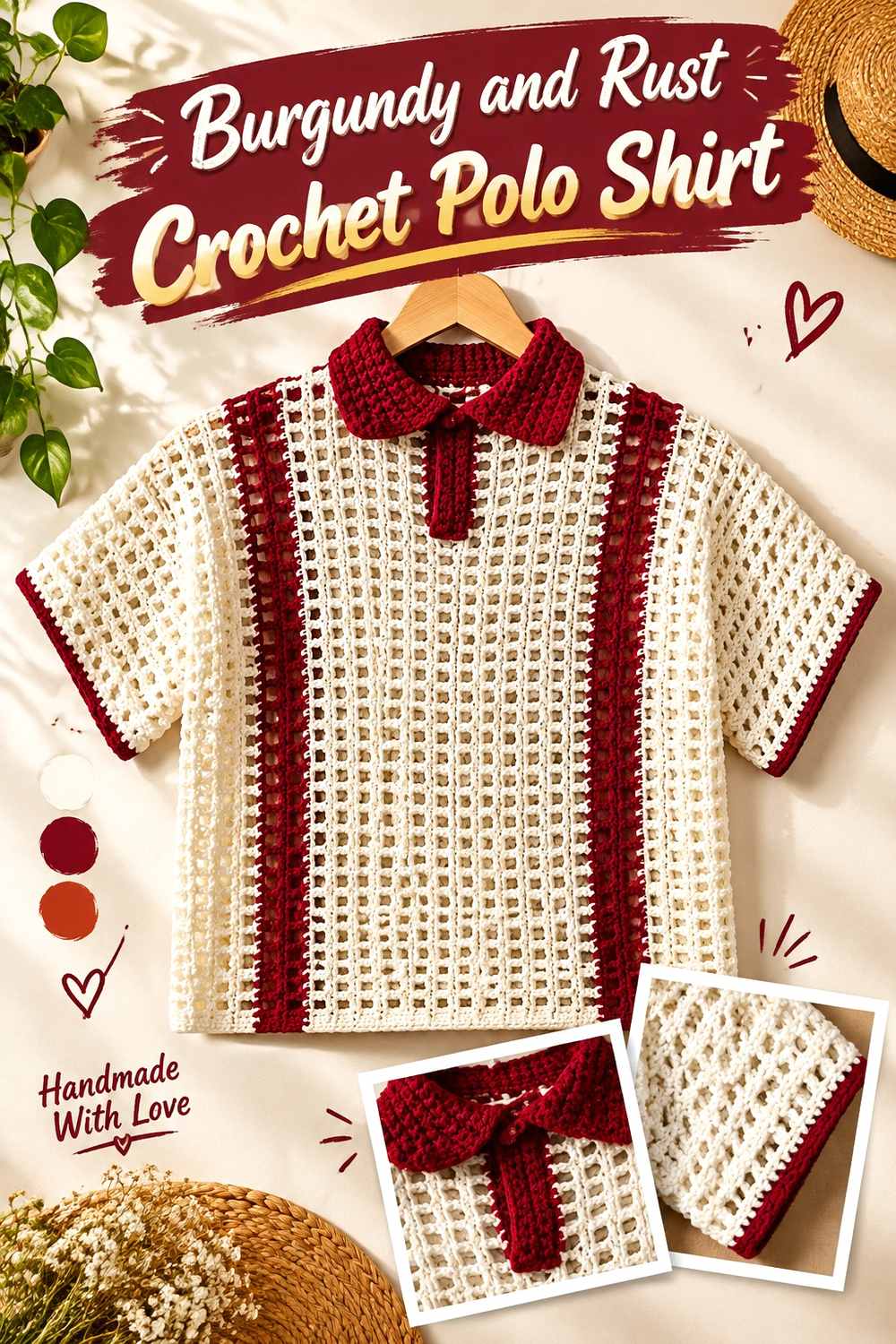 14. Burgundy And Rust Crochet Polo Shirt