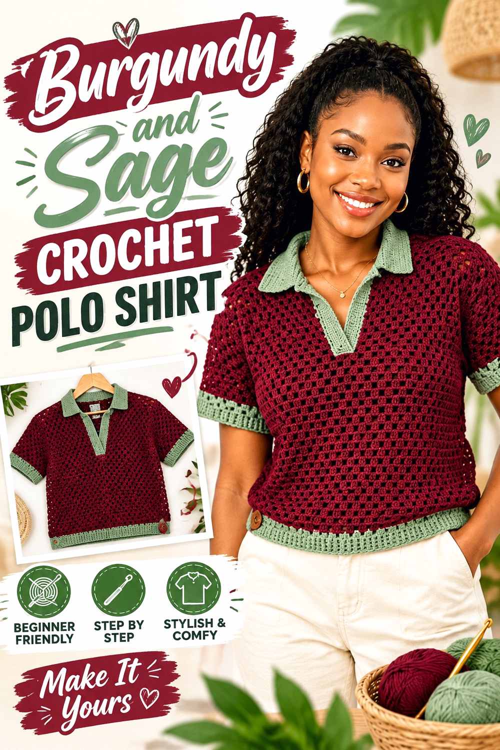 6. Burgundy And Sage Crochet Polo Shirt