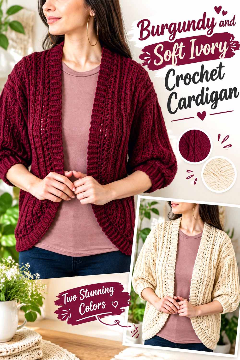 1. Burgundy And Soft Ivory Crochet Cardigan