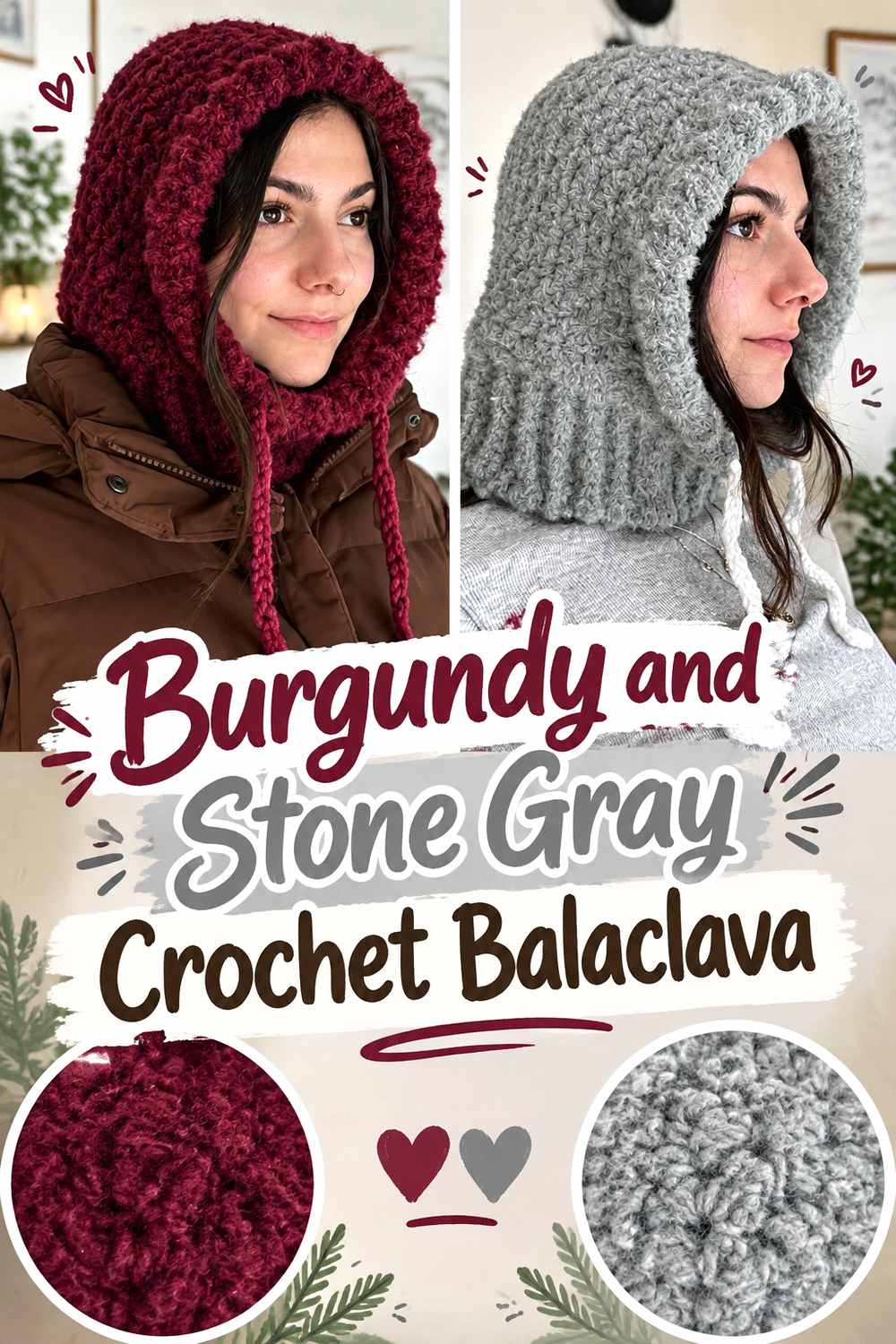 18. Burgundy And Stone Gray Crochet Balaclava