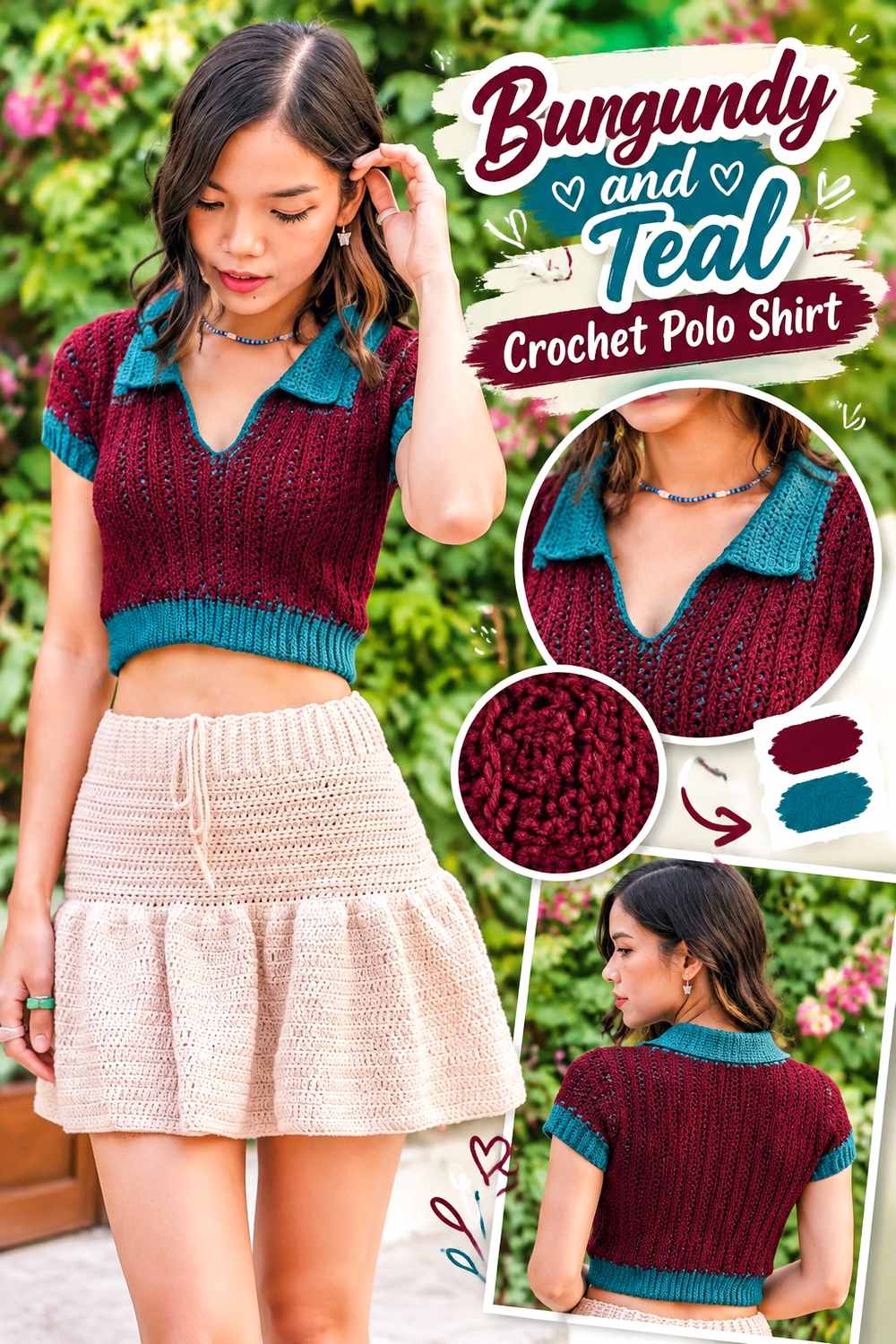 12. Burgundy And Teal Crochet Polo Shirt