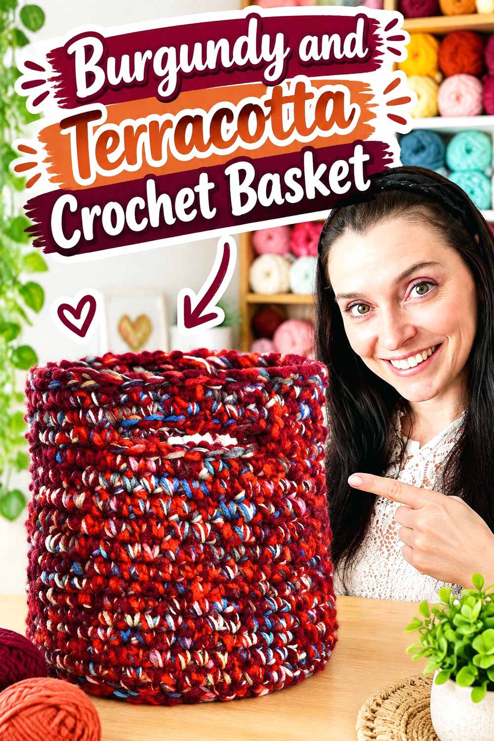 14. Burgundy And Terracotta Crochet Basket
