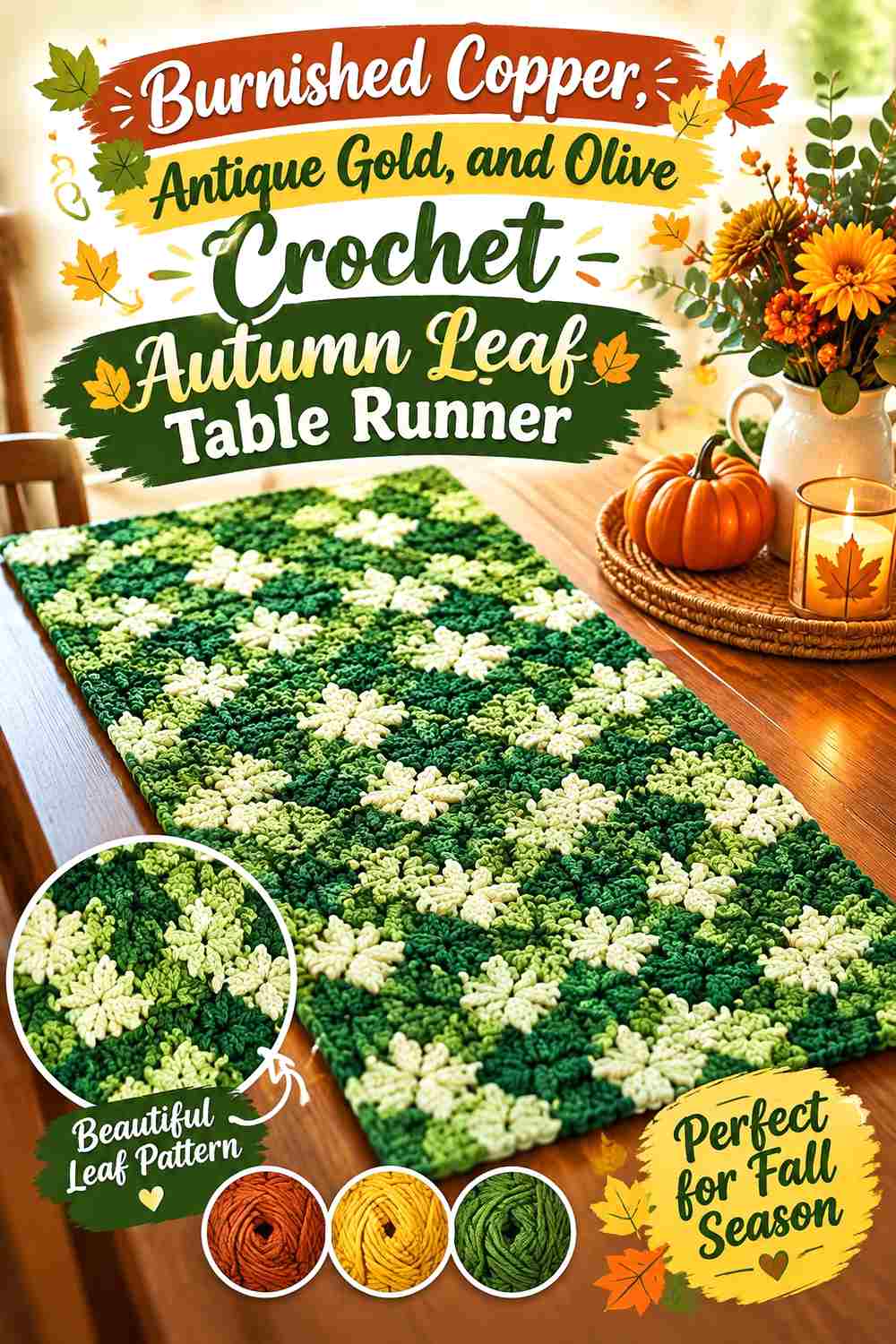 2. Burnished Copper Antique Gold And Olive Crochet Autumn Leaf Table Runner