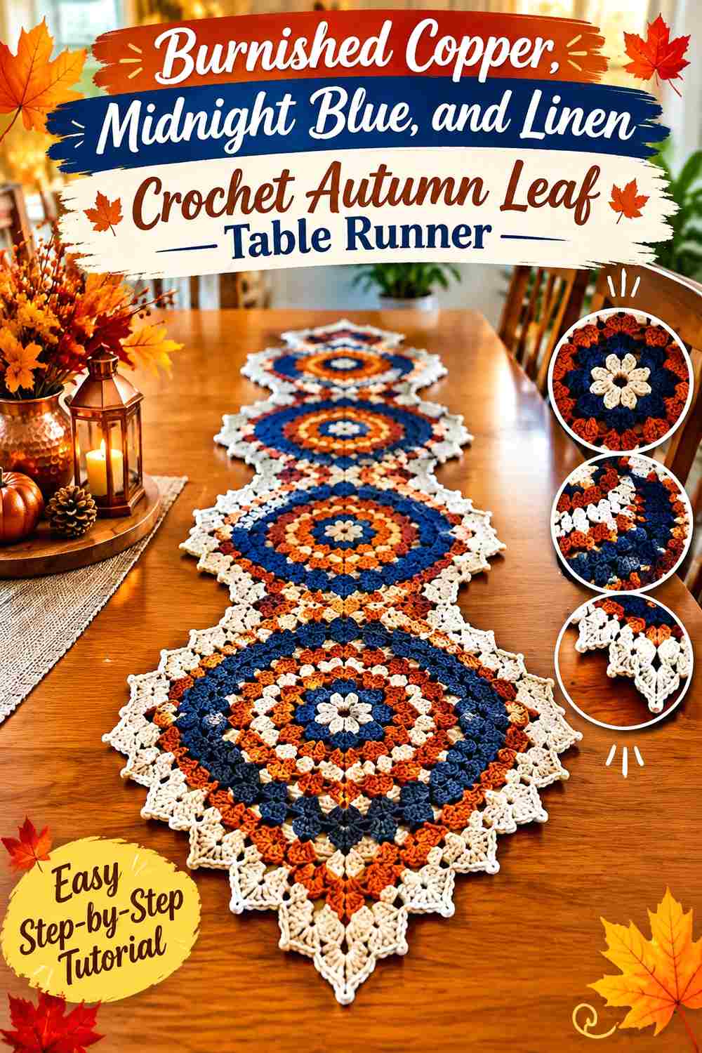 11. Burnished Copper Midnight Blue And Linen Crochet Autumn Leaf Table Runner