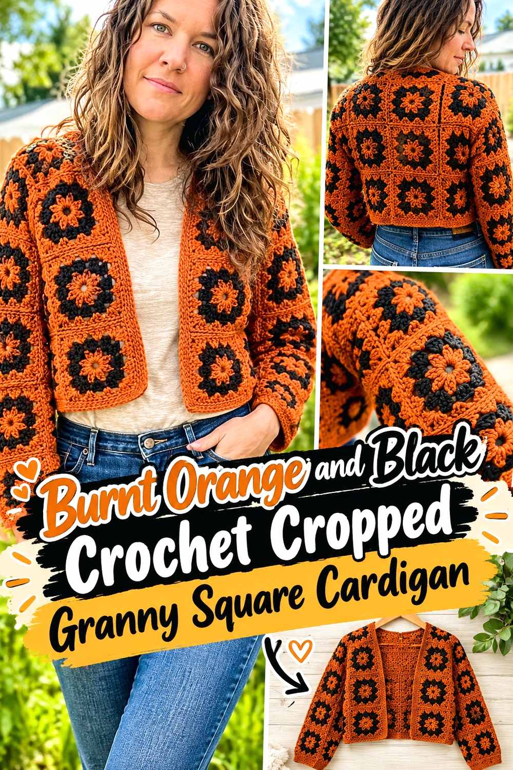 15. Burnt Orange And Black Crochet Cropped Granny Square Cardigan
