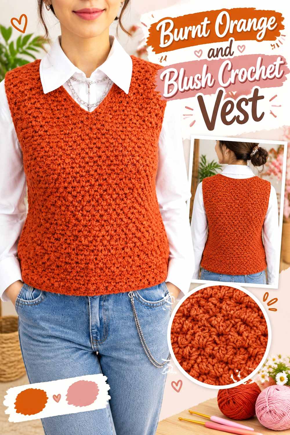 8. Burnt Orange And Blush Crochet Vest