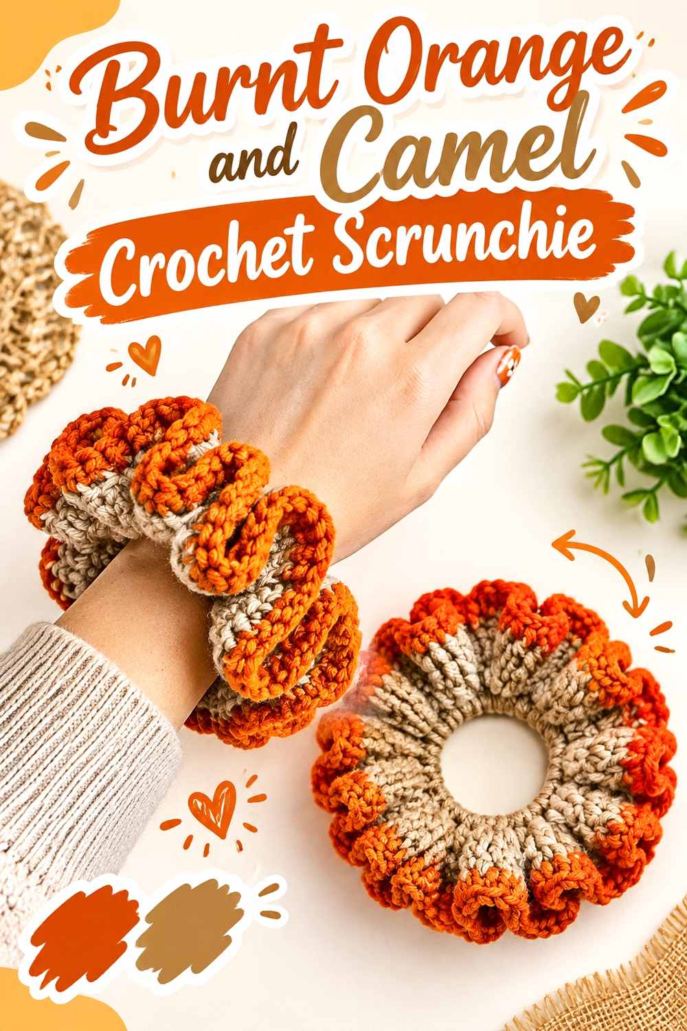 23. Burnt Orange And Camel Crochet Scrunchie
