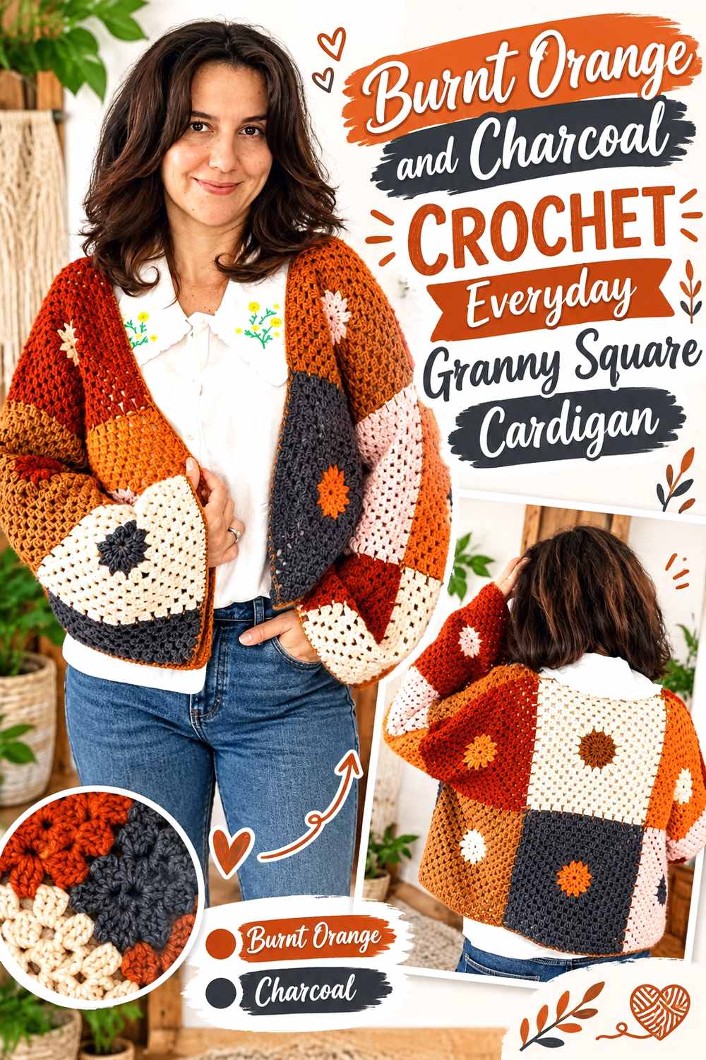 7. Burnt Orange And Charcoal Crochet Everyday Granny Square Cardigan