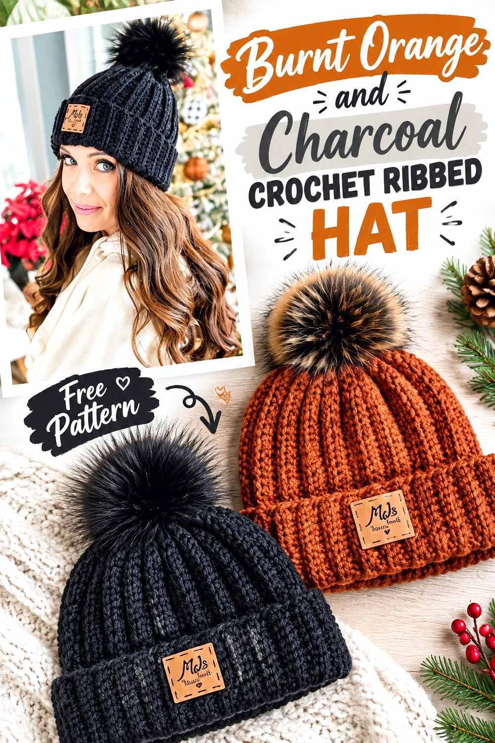 7. Burnt Orange And Charcoal Crochet Ribbed Hat