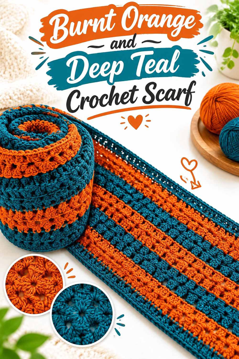 6. Burnt Orange And Deep Teal Crochet Scarf