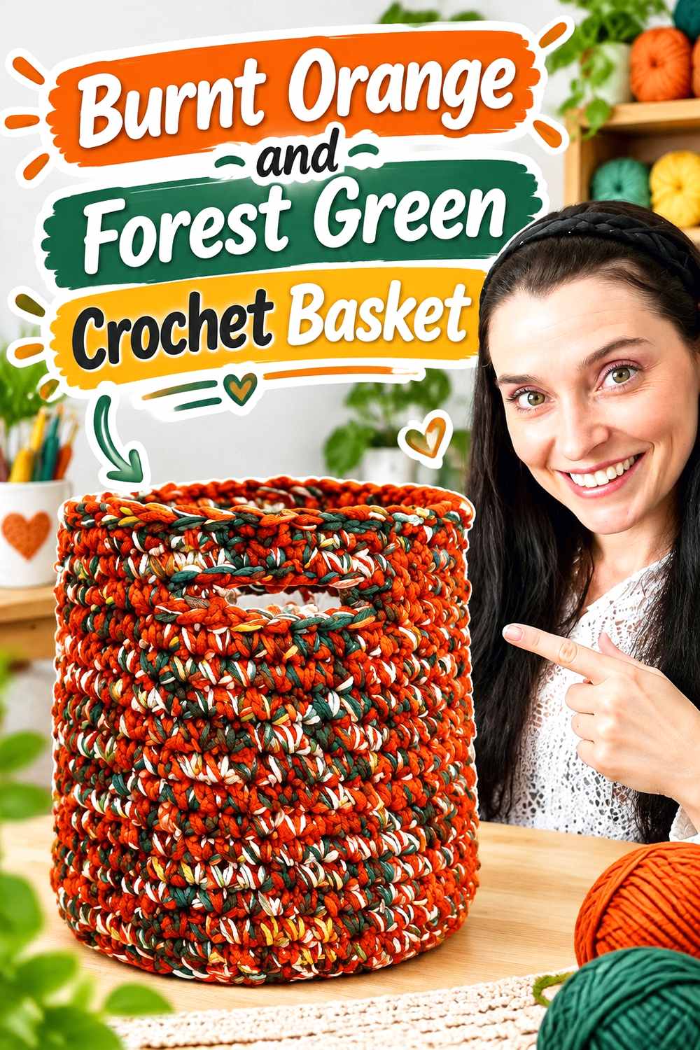 14. Burnt Orange And Forest Green Crochet Basket