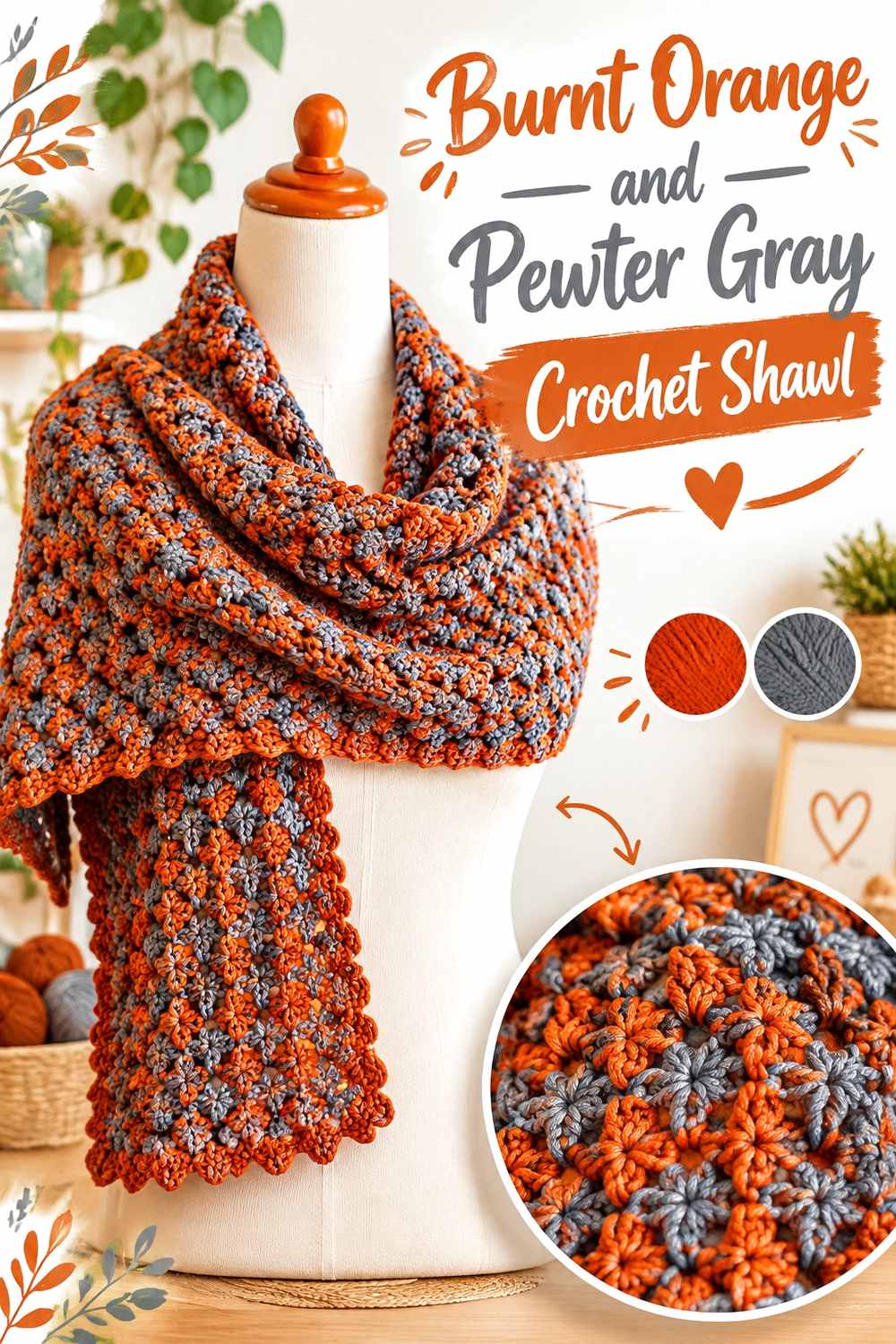 13. Burnt Orange And Pewter Gray Crochet Shawl