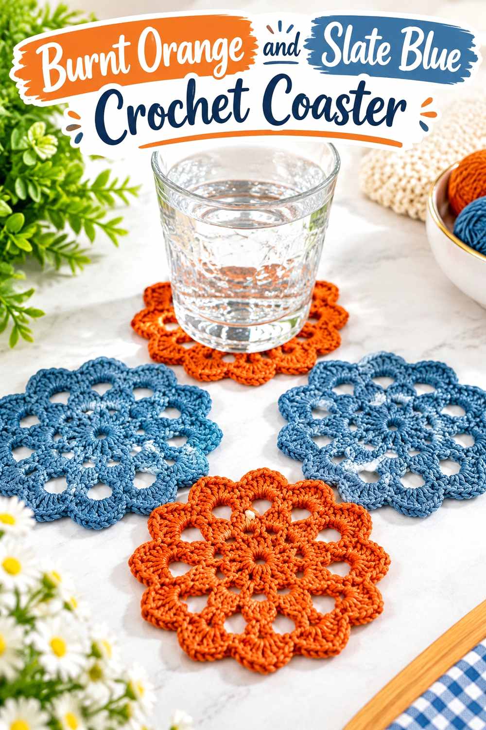 24. Burnt Orange And Slate Blue Crochet Coaster