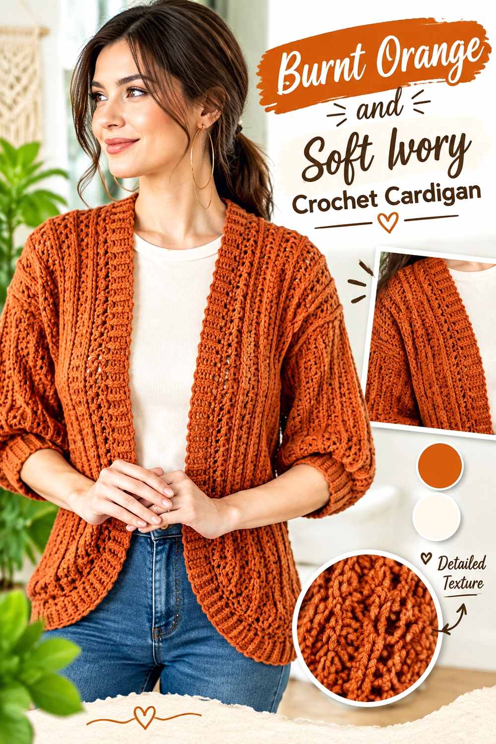 1. Burnt Orange And Soft Ivory Crochet Cardigan