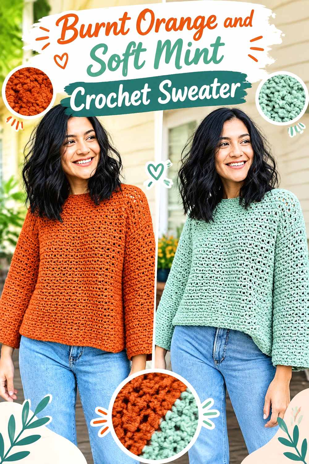 19. Burnt Orange And Soft Mint Crochet Sweater