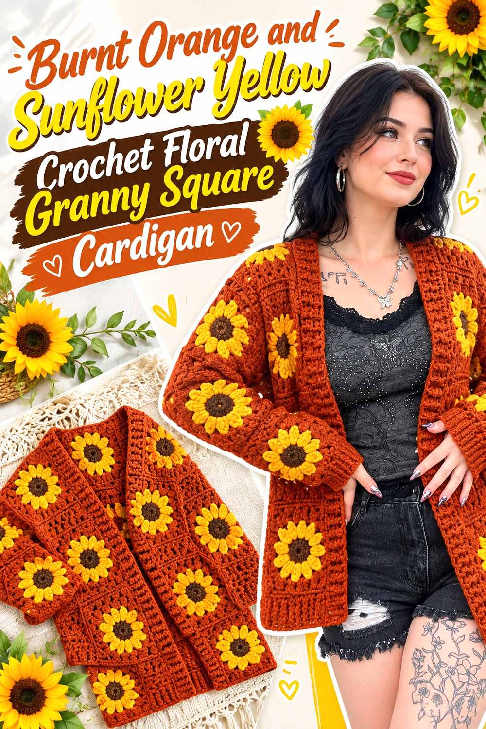 13. Burnt Orange And Sunflower Yellow Crochet Floral Granny Square Cardigan