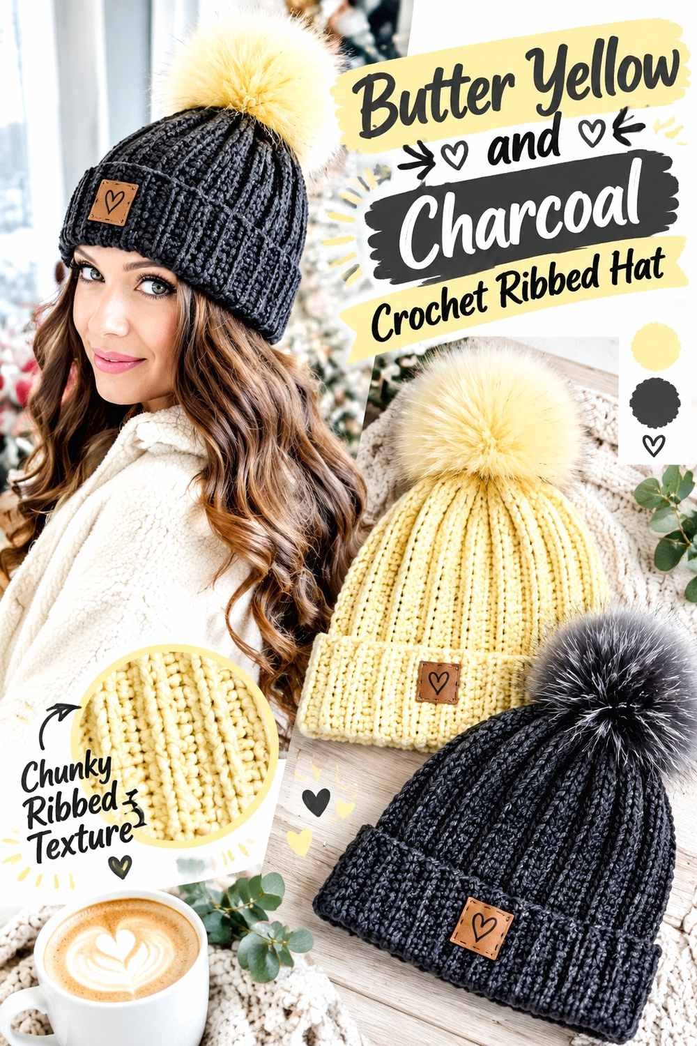 7. Butter Yellow And Charcoal Crochet Ribbed Hat