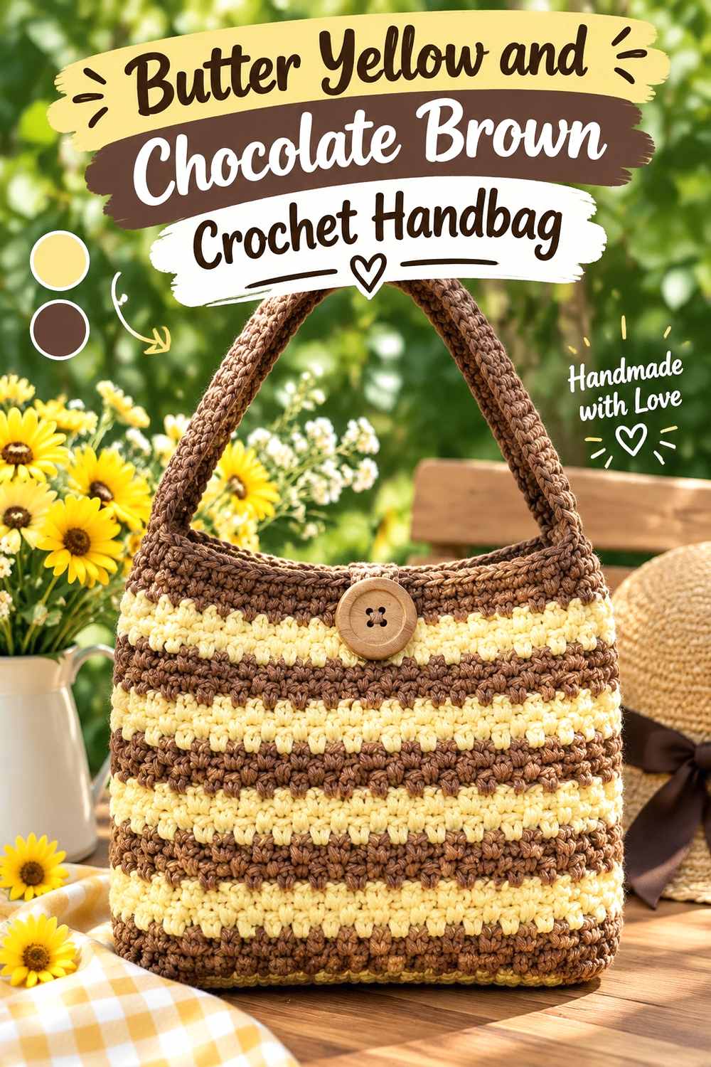 9. Butter Yellow And Chocolate Brown Crochet Handbag