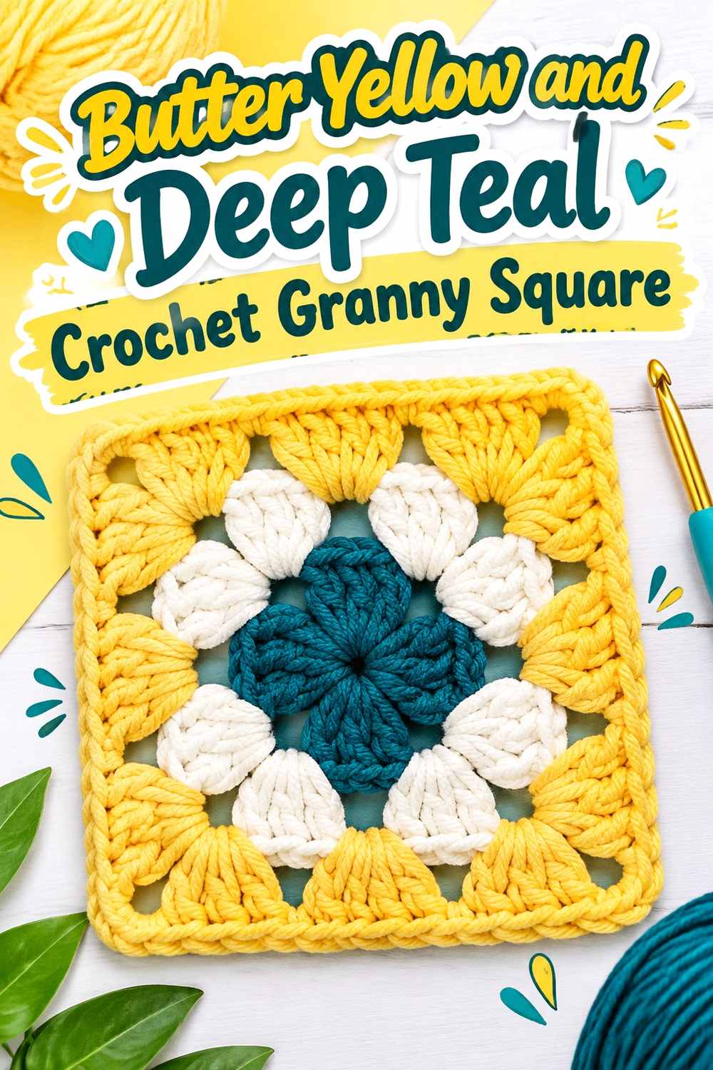 15. Butter Yellow And Deep Teal Crochet Granny Square