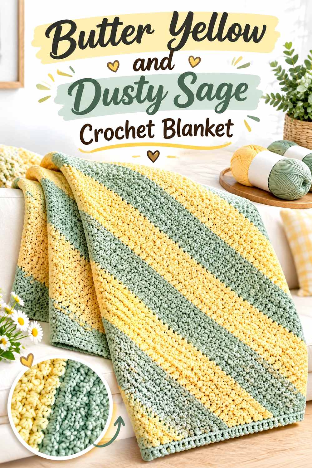 4. Butter Yellow And Dusty Sage Crochet Blanket