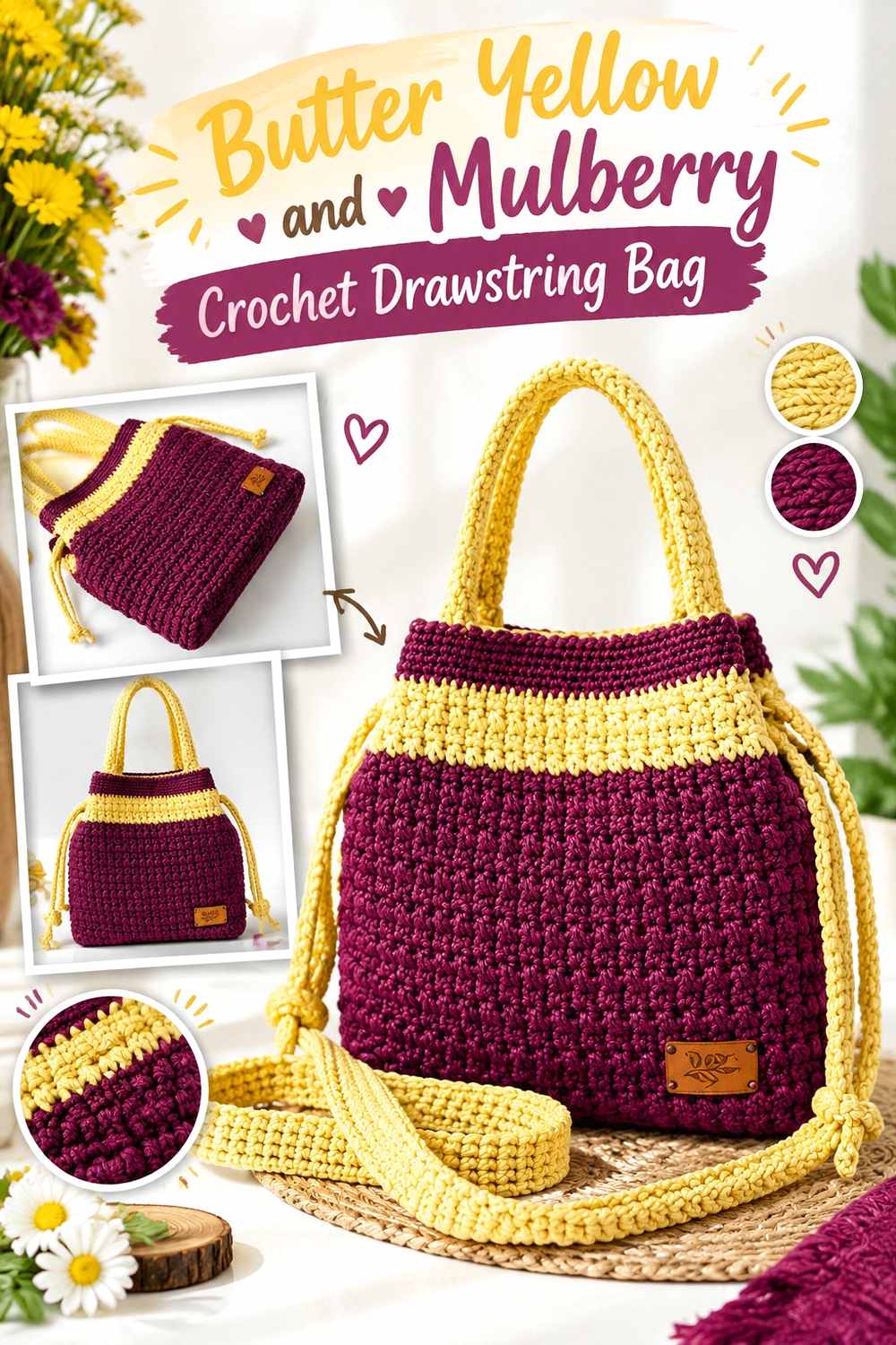 20. Butter Yellow And Mulberry Crochet Drawstring Bag