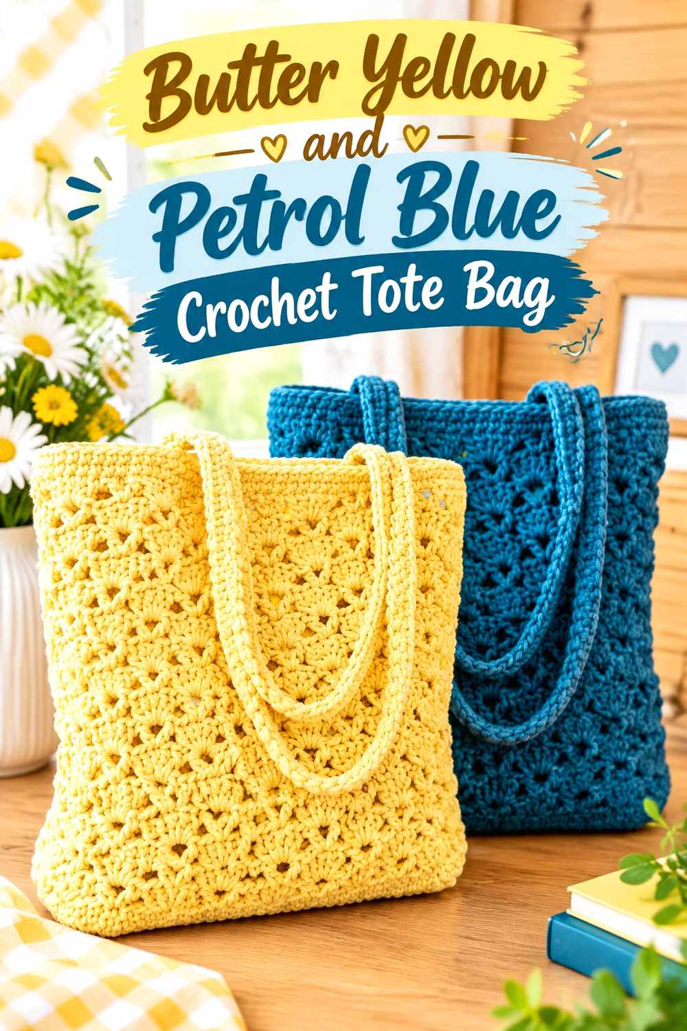 2. Butter Yellow And Petrol Blue Crochet Tote Bag