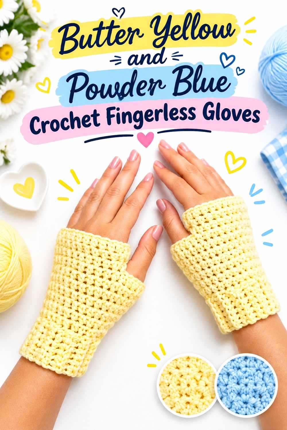 17. Butter Yellow And Powder Blue Crochet Fingerless Gloves
