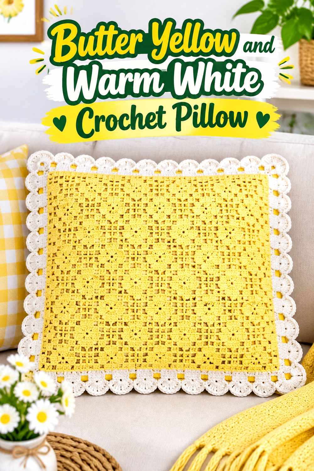 5. Butter Yellow And Warm White Crochet Pillow