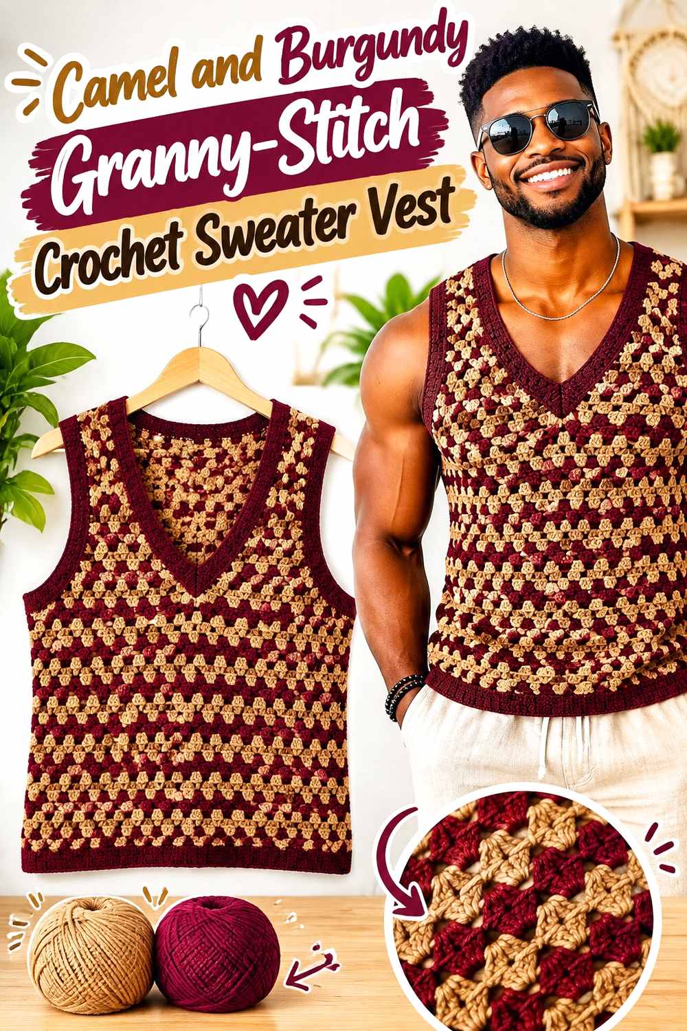 9. Camel And Burgundy Granny Stitch Crochet Sweater Vest