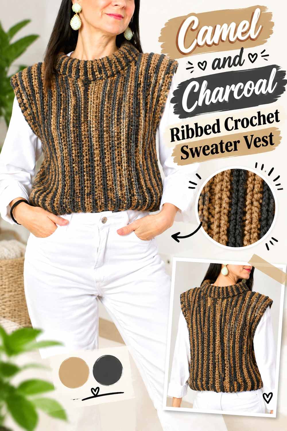 10. Camel And Charcoal Ribbed Crochet Sweater Vest