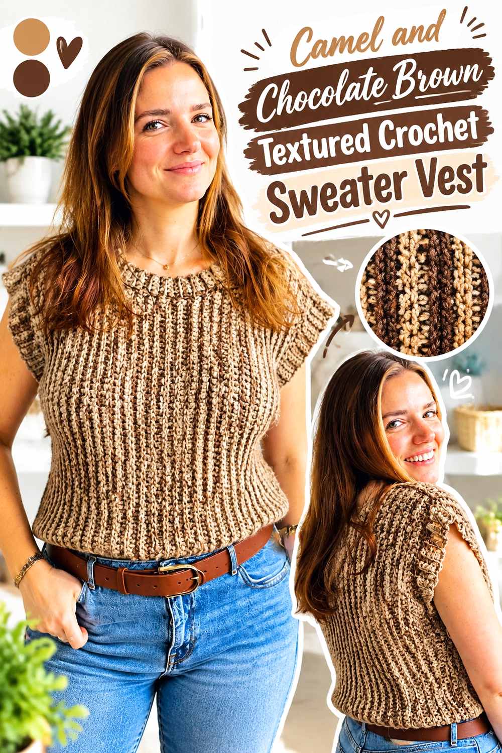 2. Camel And Chocolate Brown Textured Crochet Sweater Vest