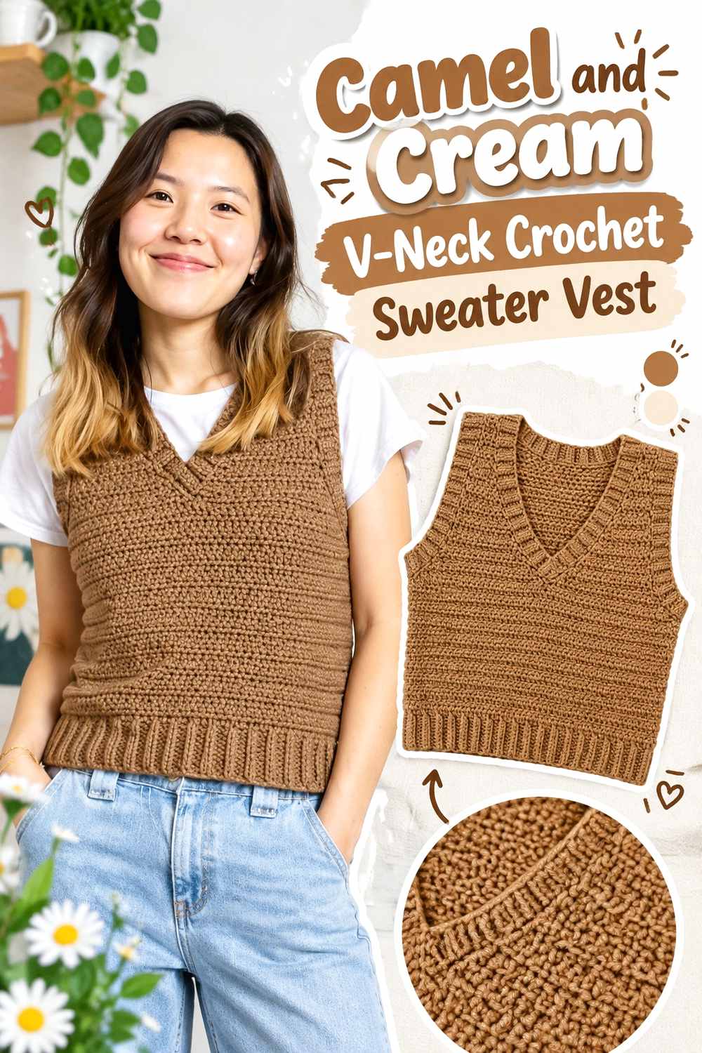 1. Camel And Cream V Neck Crochet Sweater Vest