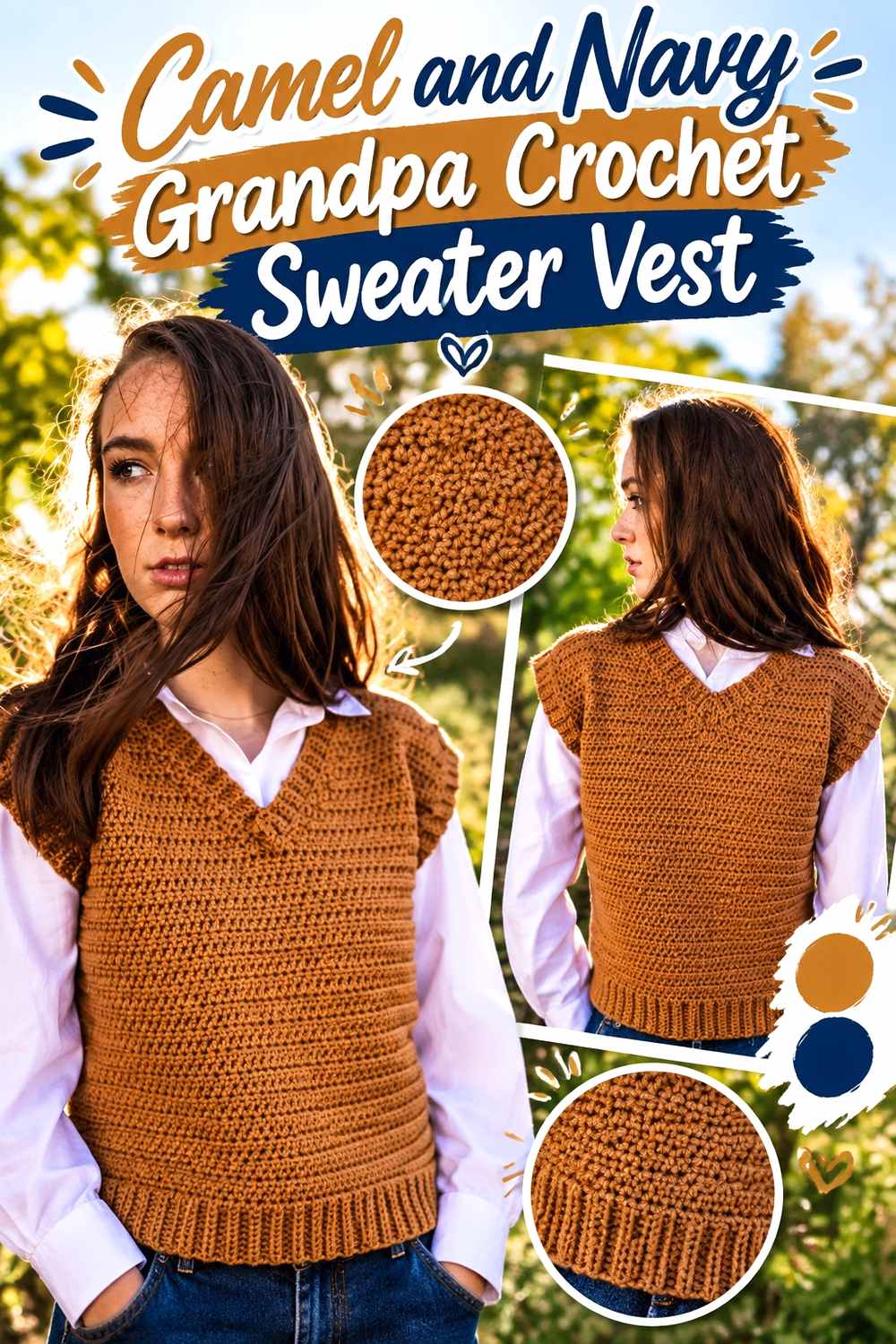 6. Camel And Navy Grandpa Crochet Sweater Vest
