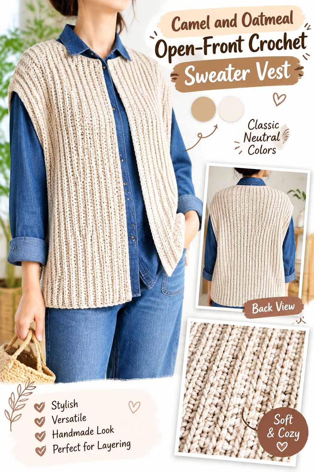 7. Camel And Oatmeal Open Front Crochet Sweater Vest