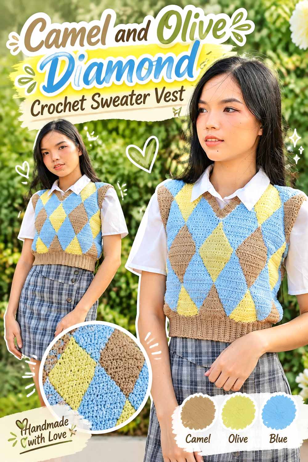 8. Camel And Olive Diamond Crochet Sweater Vest