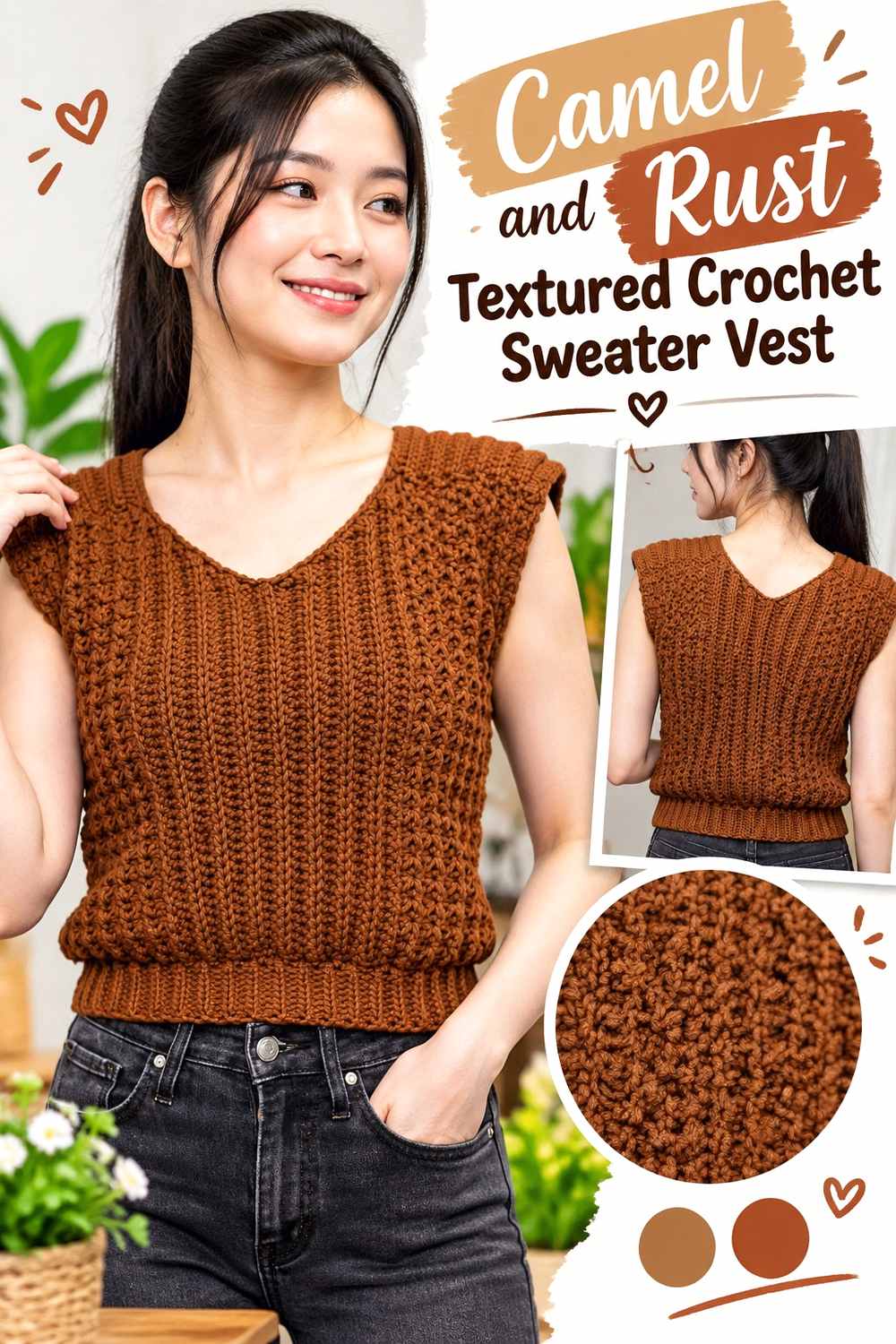 5. Camel And Rust Textured Crochet Sweater Vest