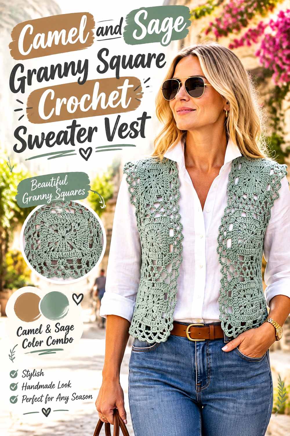 3. Camel And Sage Granny Square Crochet Sweater Vest