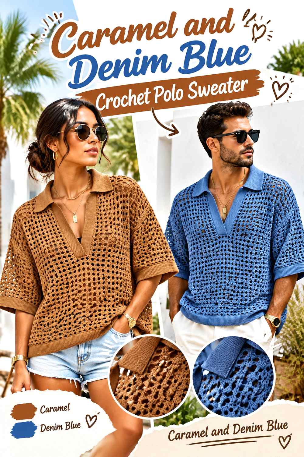 10. Caramel And Denim Blue Crochet Polo Sweater