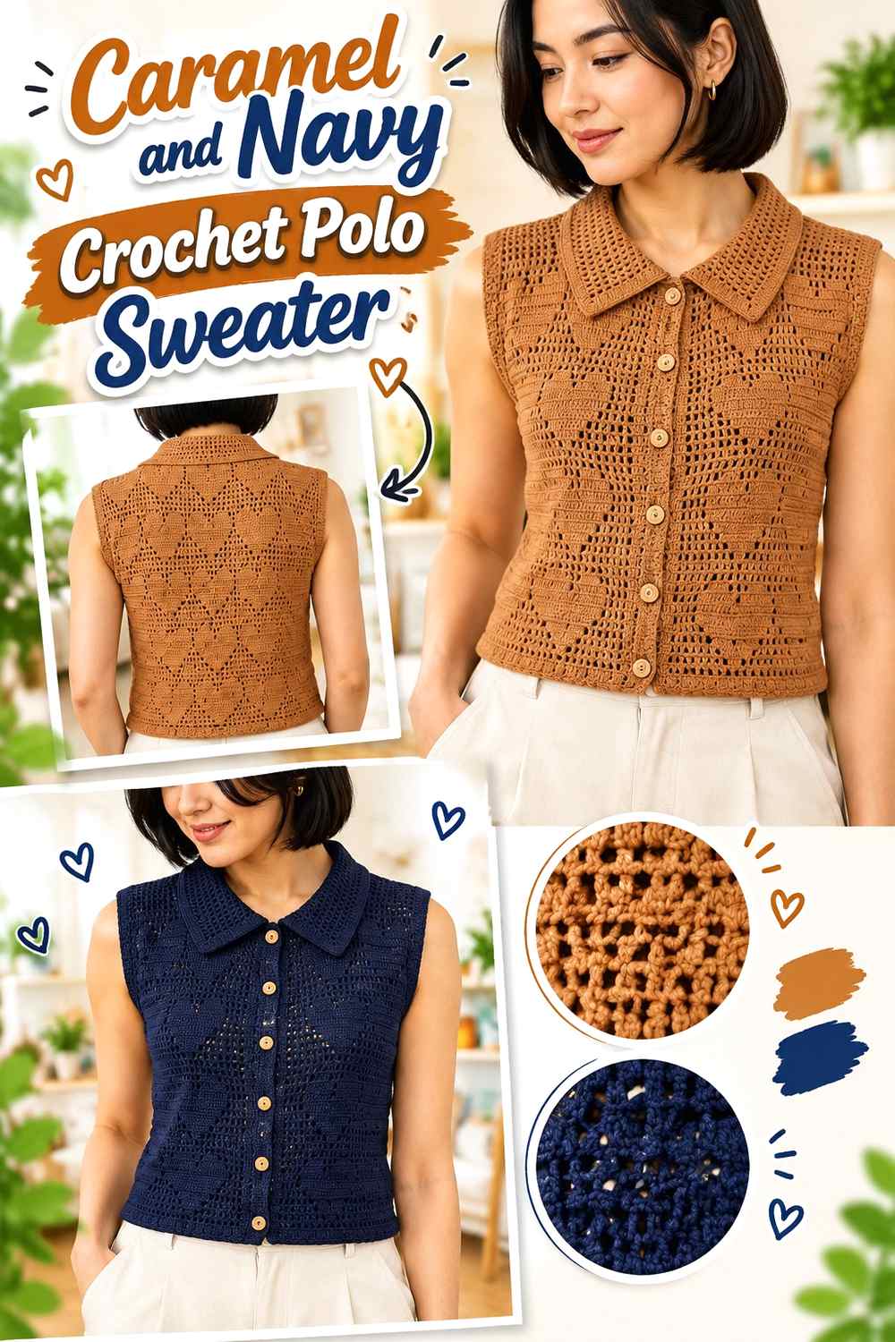 9. Caramel And Navy Crochet Polo Sweater
